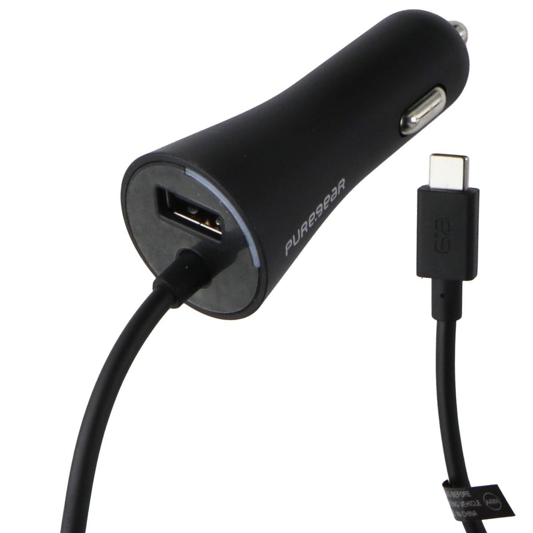 PureGear 24W Car Charger with 7-Ft USB-C Connector + Extra USB Port - Black Image 1