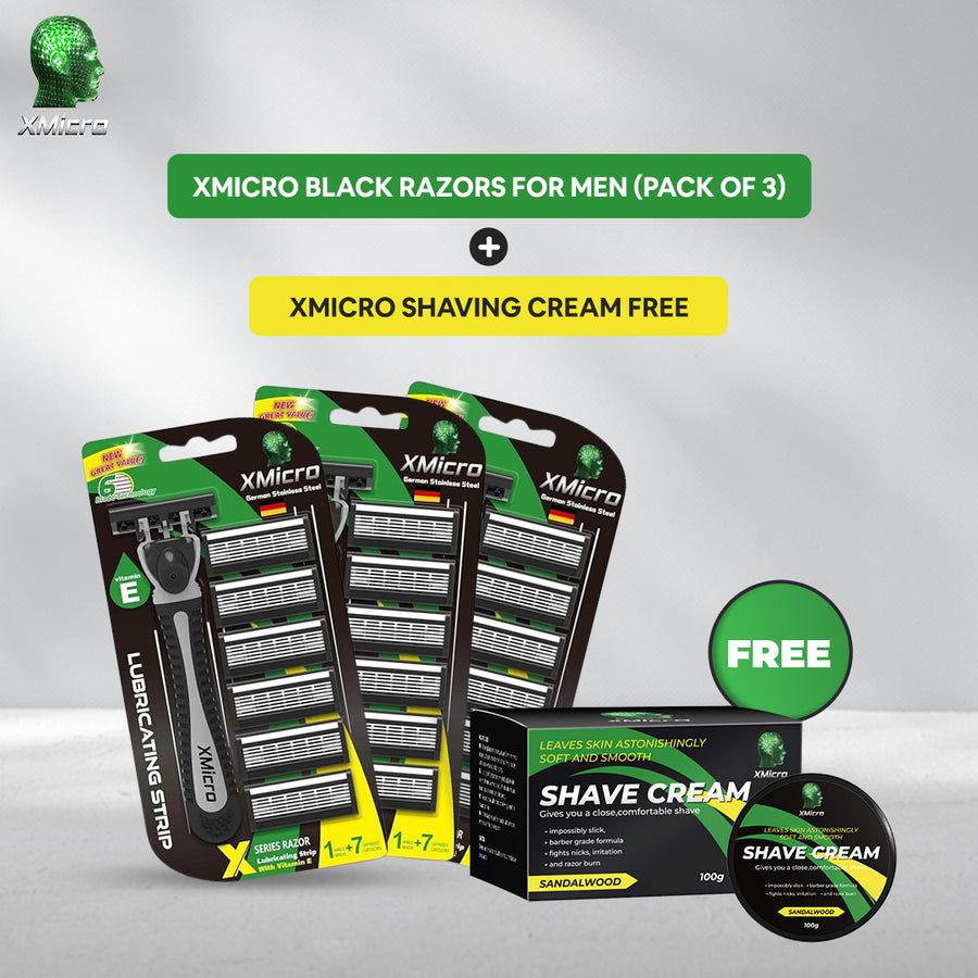 XMicro Black Razors For Men (Pack Of 3) + XMicro Shaving Cream FREE Image 1