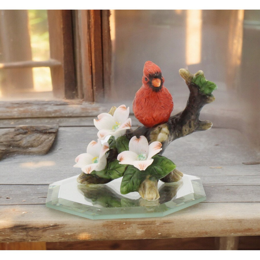 Ceramic Mini Cardinal Bird Figurine 2 inch Glass Base Image 1