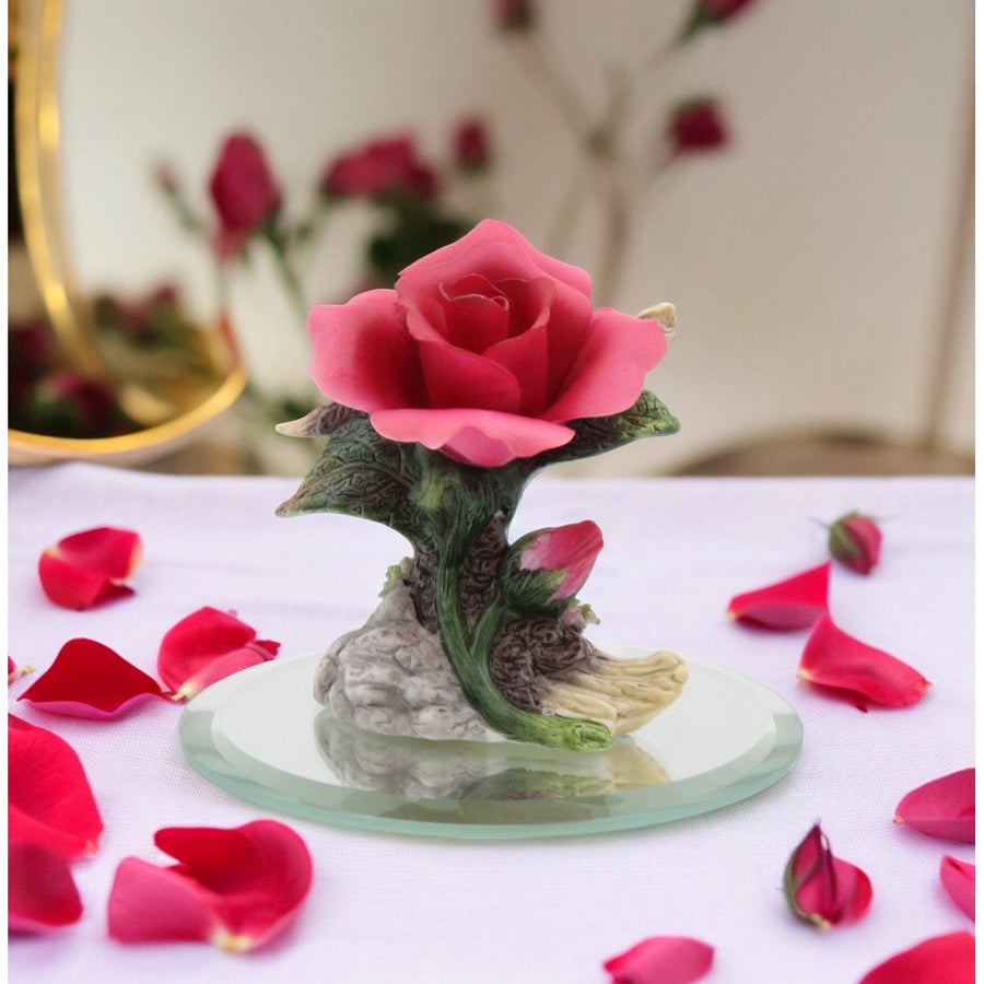 Ceramic Mini Rose Flower Figurine on Glass Base 2.25in Image 1