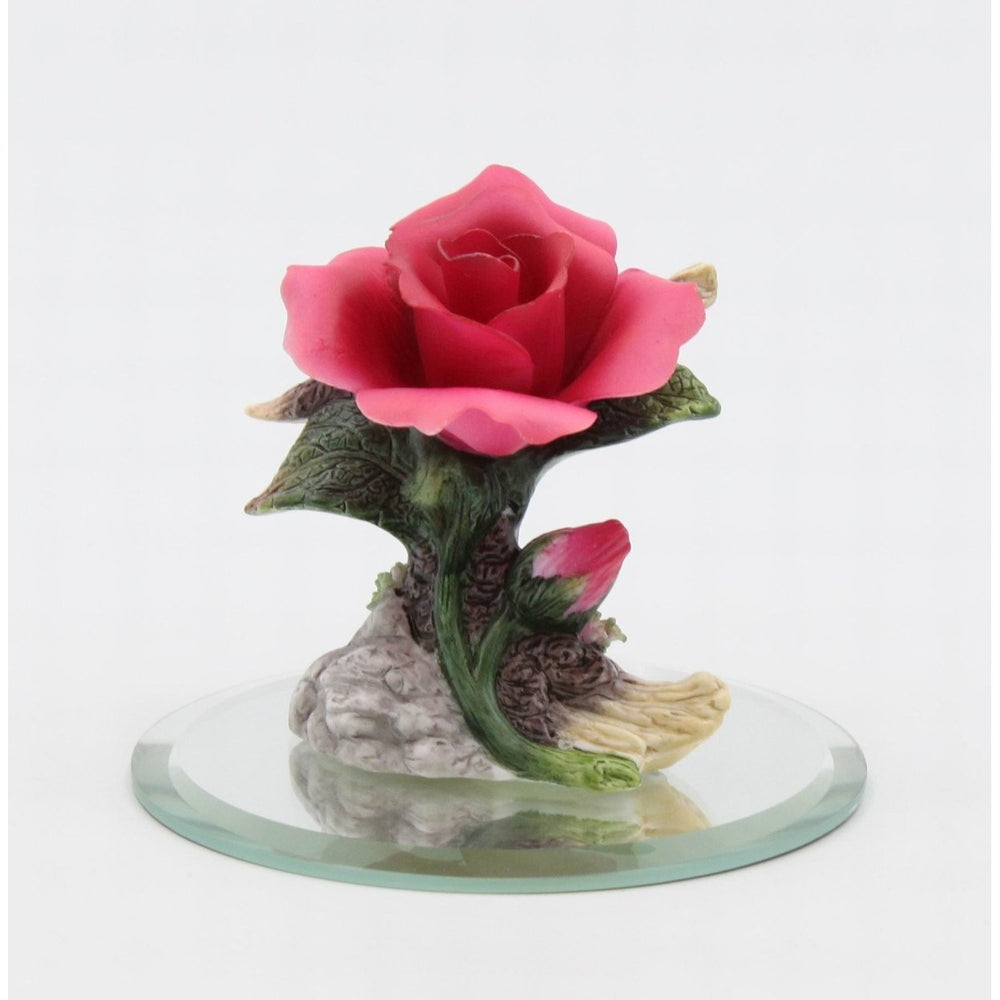 Ceramic Mini Rose Flower Figurine on Glass Base 2.25in Image 2