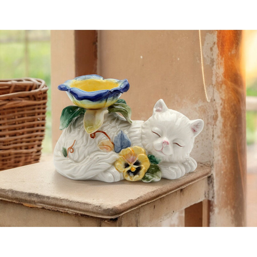 Ceramic White Cat Tealight Candle Holder Pansy Flowers 3.25 Inch Image 1