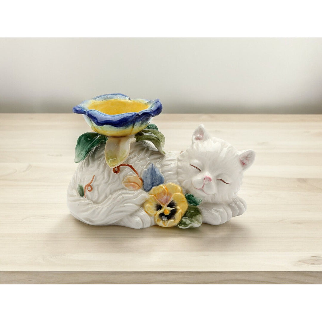 Ceramic White Cat Tealight Candle Holder Pansy Flowers 3.25 Inch Image 2