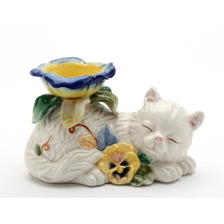 Ceramic White Cat Tealight Candle Holder Pansy Flowers 3.25 Inch Image 3