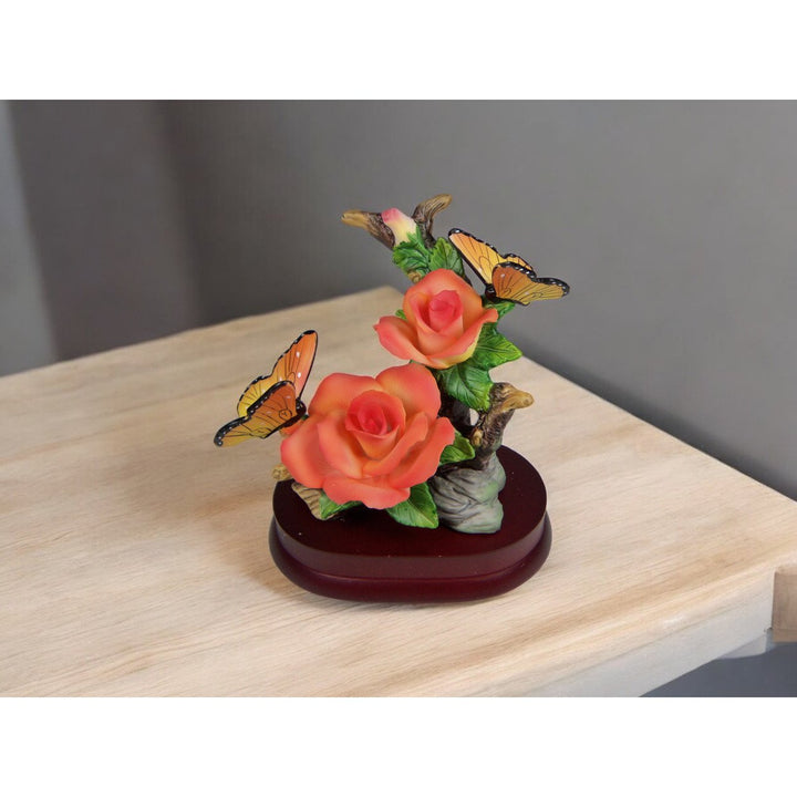 Ceramic Rose Flower with Butterflies Figurine 5 inch Wooden Base Gift Image 2