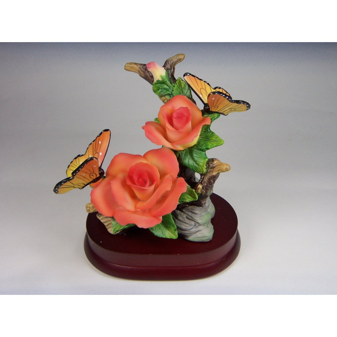 Ceramic Rose Flower with Butterflies Figurine 5 inch Wooden Base Gift Image 3