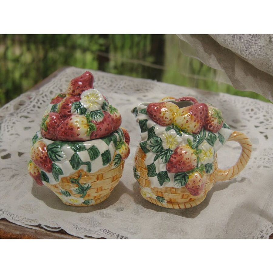 Ceramic Strawberry Sugar and Creamer Set 5in 4in Image 1