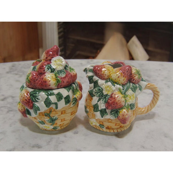 Ceramic Strawberry Sugar and Creamer Set 5in 4in Image 2