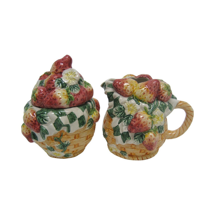 Ceramic Strawberry Sugar and Creamer Set 5in 4in Image 3