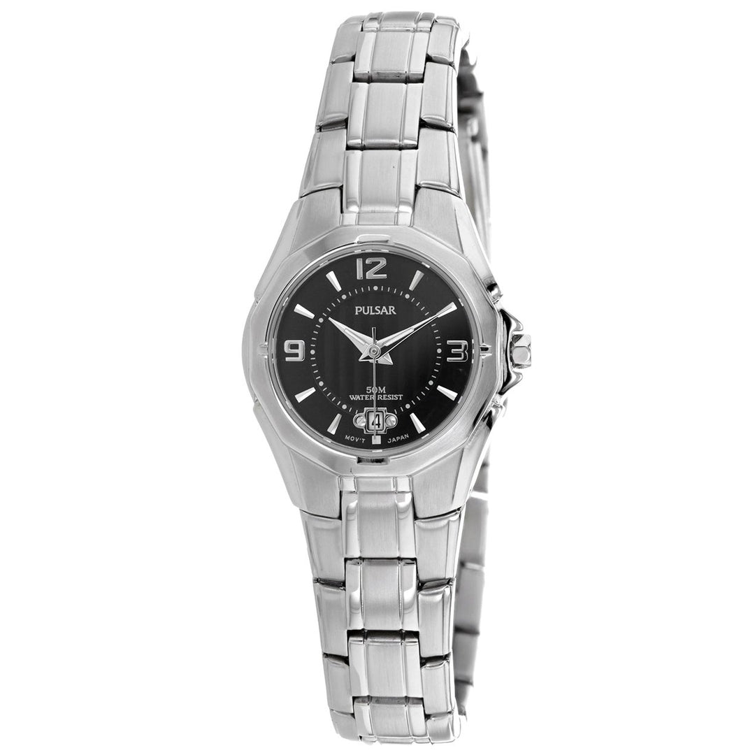 Pulsar Womens Black Dial Quartz Watch PXT795 Stainless Steel Leather Strap Waterproof Image 1