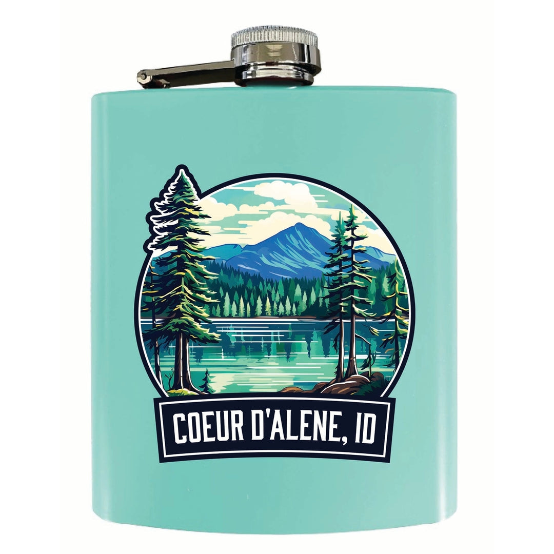 Coeur DAlene Idaho Mountain Lake Illustration Design Souvenir 7 oz Steel Flask Matte Finish Image 1