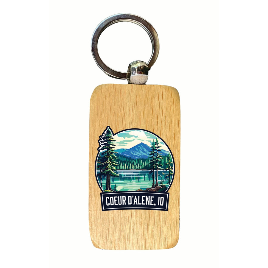 Coeur DAlene Idaho Mountain Lake Illustration Design Souvenir 2.5x1-Inch Souvenir Wooden Keychain Image 1