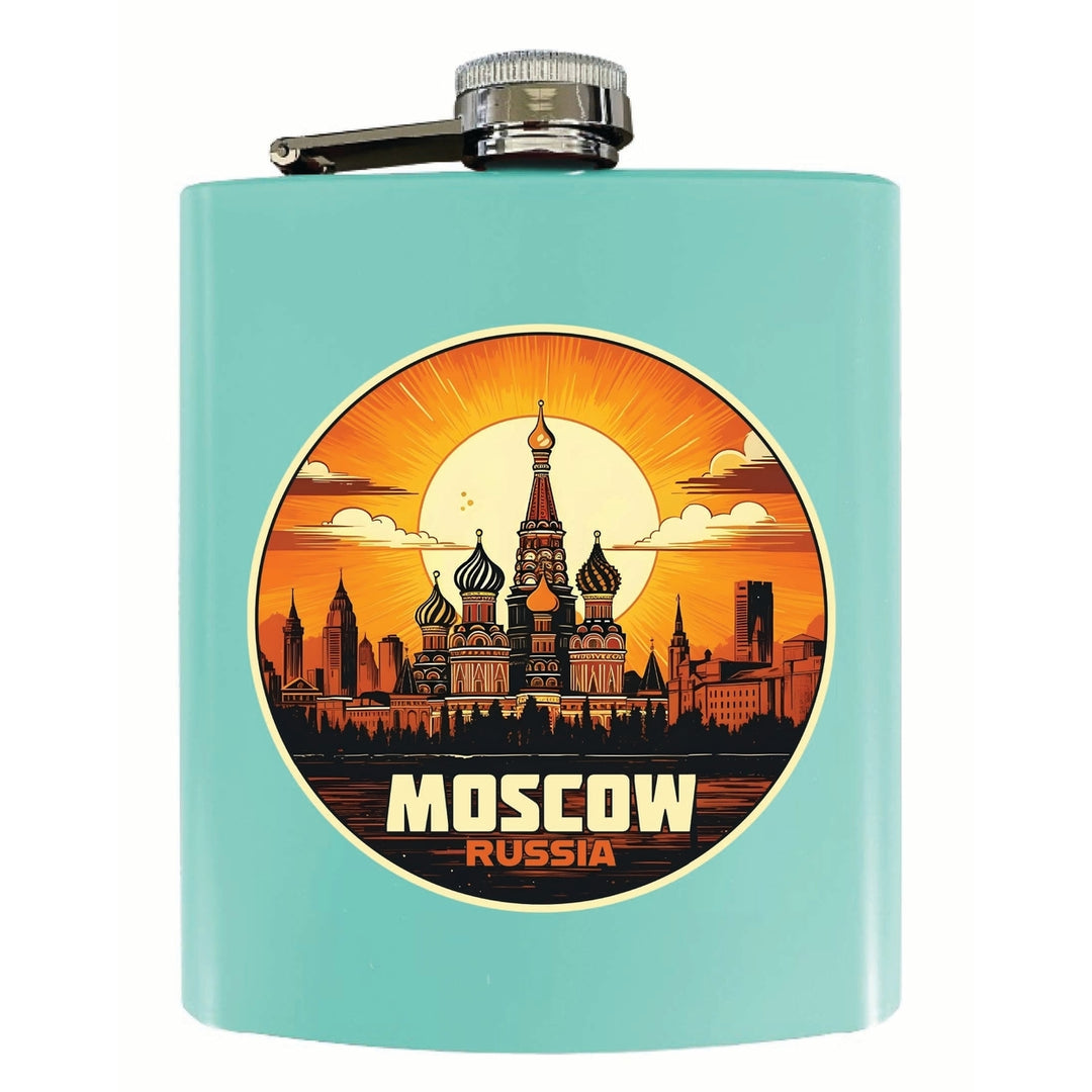 Moscow Russia Saint Basils Cathedral Sunset Design Souvenir 7 oz Steel Flask Matte Finish Image 1