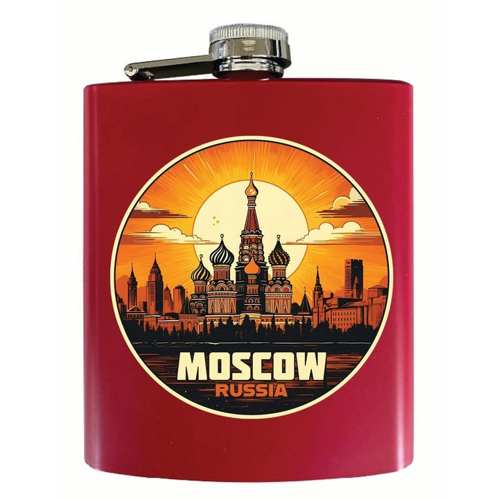 Moscow Russia Saint Basils Cathedral Sunset Design Souvenir 7 oz Steel Flask Matte Finish Image 1