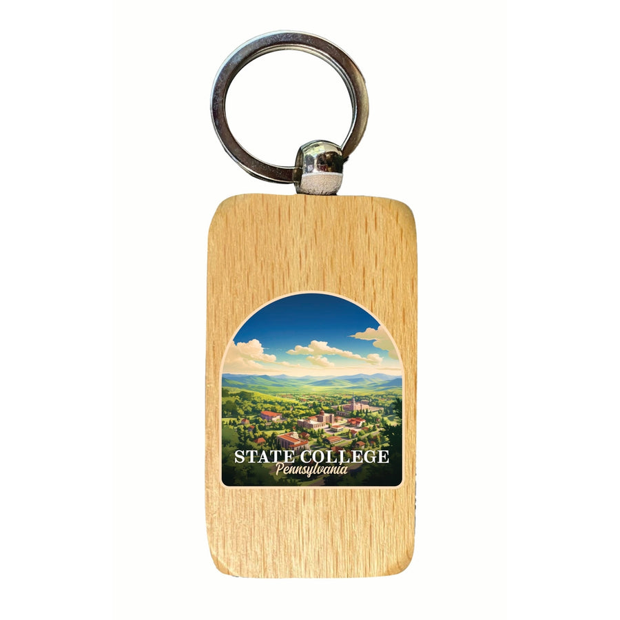 State College Pennsylvania Aerial Town Design Souvenir 2.5x1-Inch Souvenir Wooden Keychain Image 1