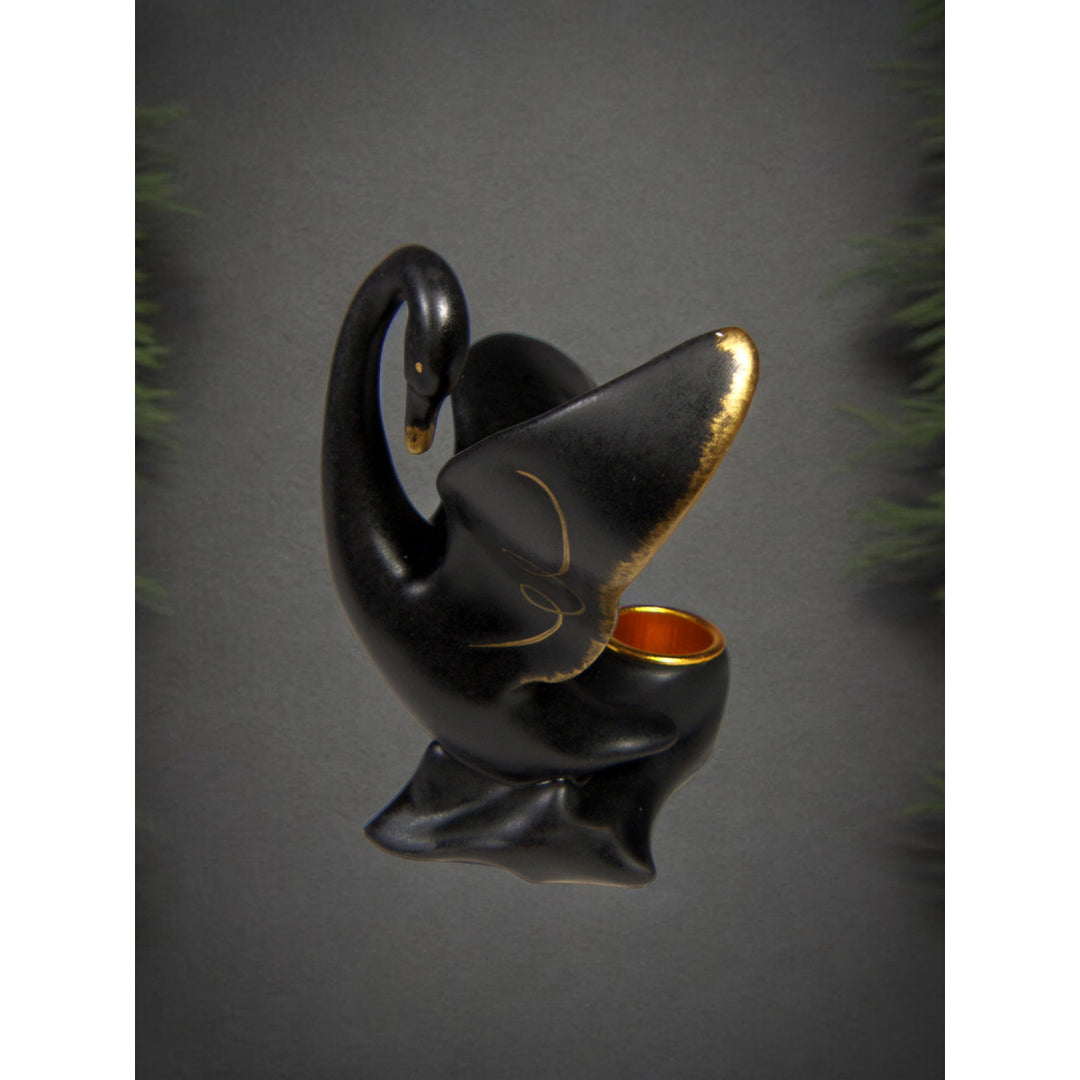 Ceramic Black Swan Candle Holder 4.5" Gold Accents Modern Gift Image 1