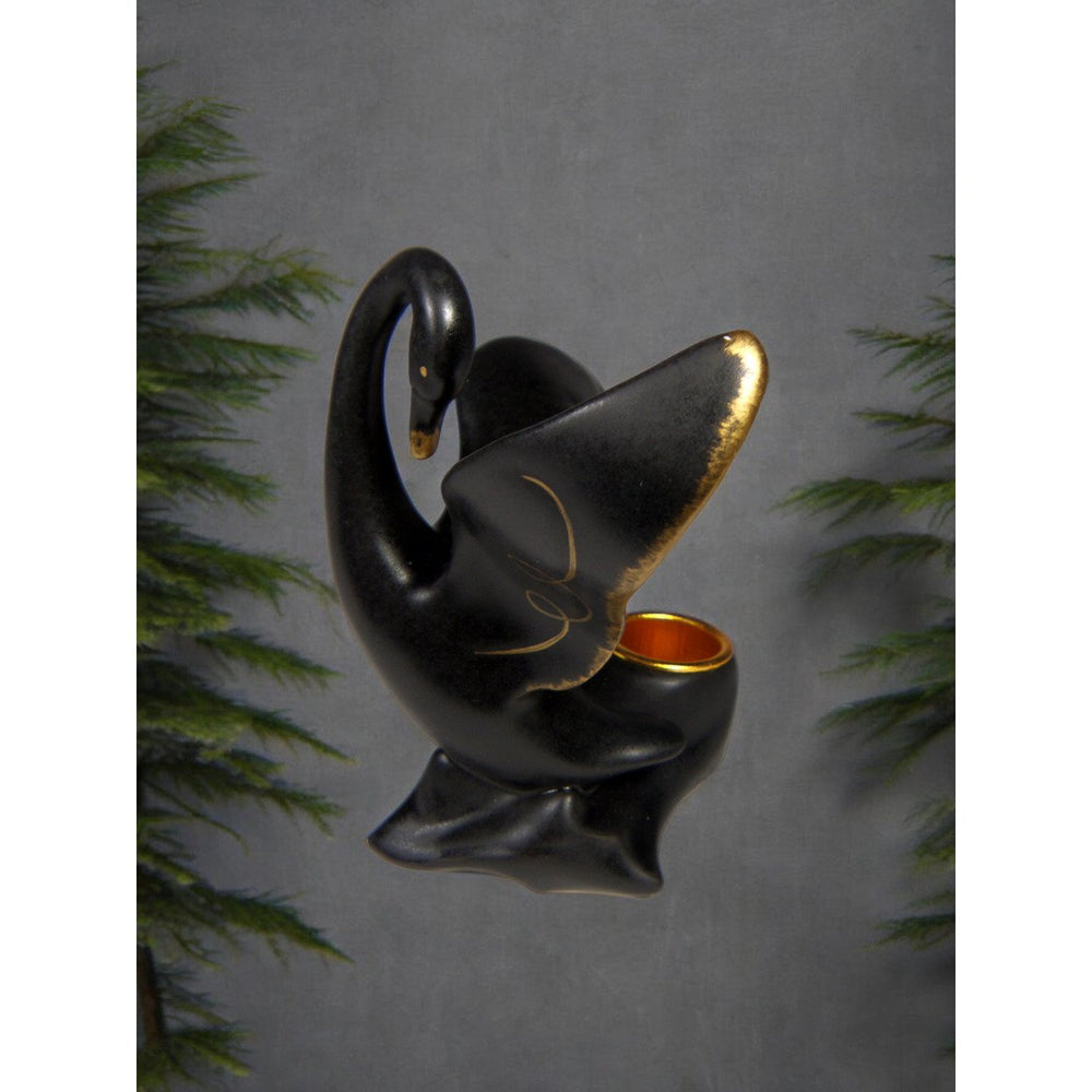 Ceramic Black Swan Candle Holder 4.5" Gold Accents Modern Gift Image 2