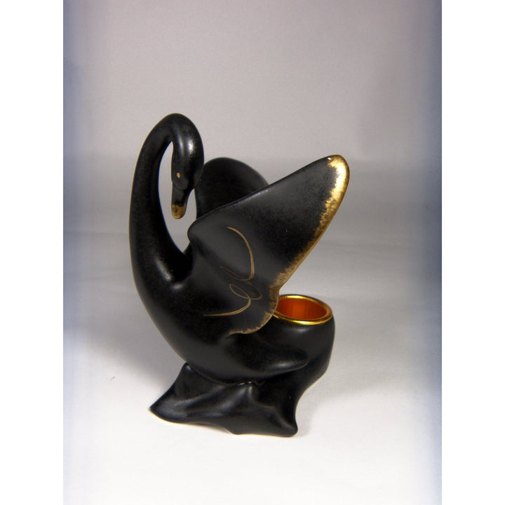 Ceramic Black Swan Candle Holder 4.5" Gold Accents Modern Gift Image 3