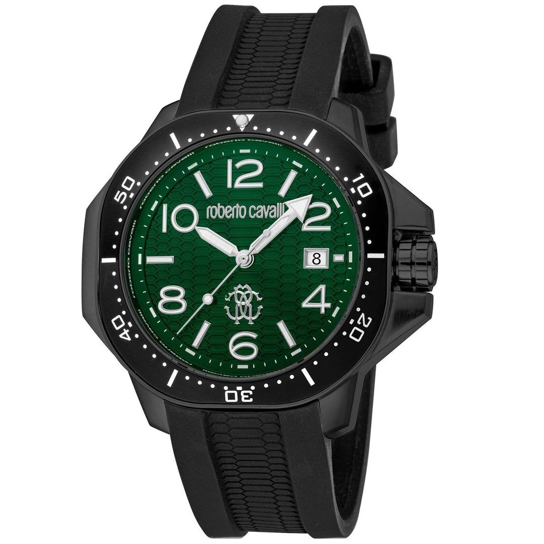 Roberto Cavalli Mens Green Dial Quartz Watch RC5G101P0035 Stainless Steel Rubber Strap Image 1