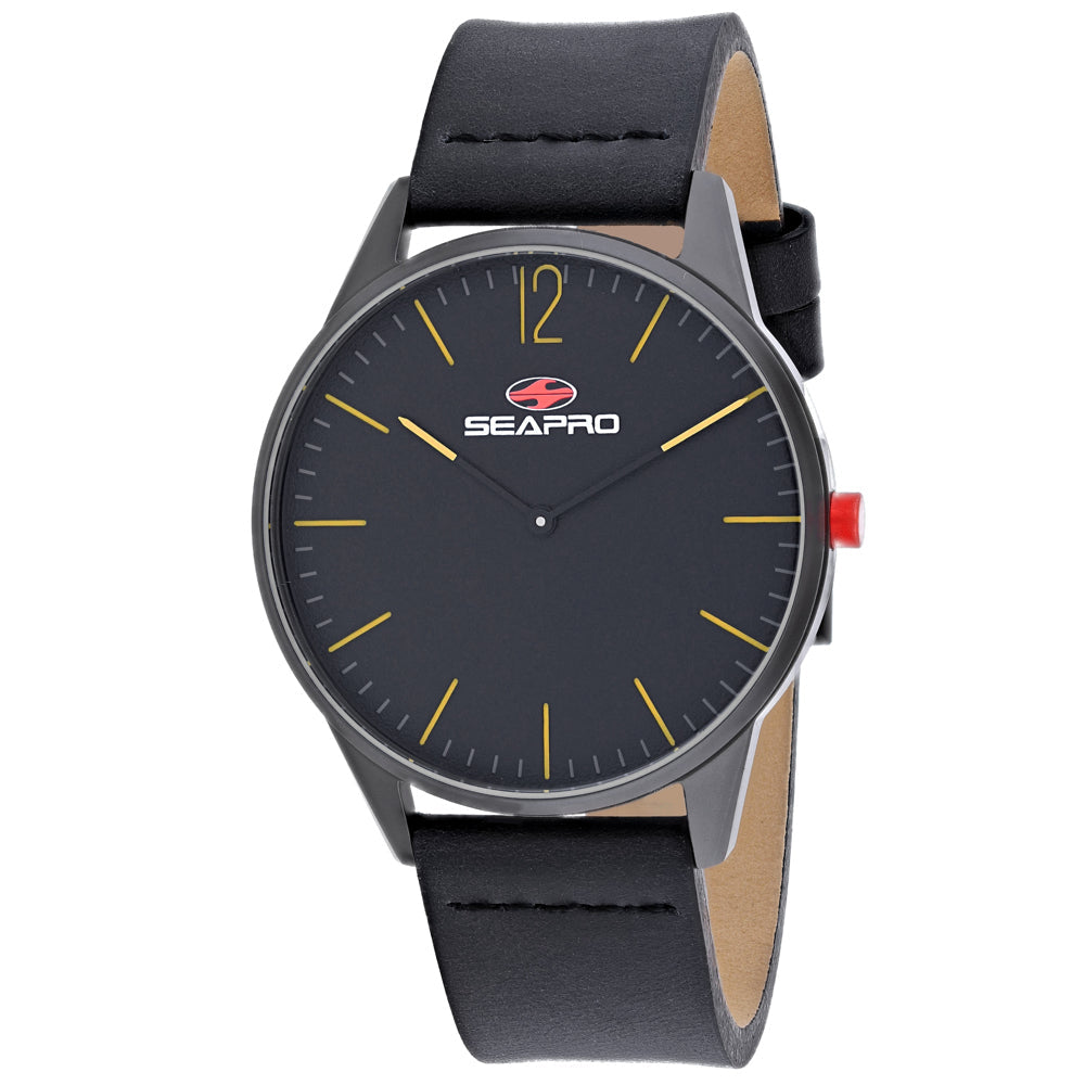 Seapro Mens Black Dial Quartz Watch SP0102 Stainless Steel Leather Strap Water Resistant Image 1