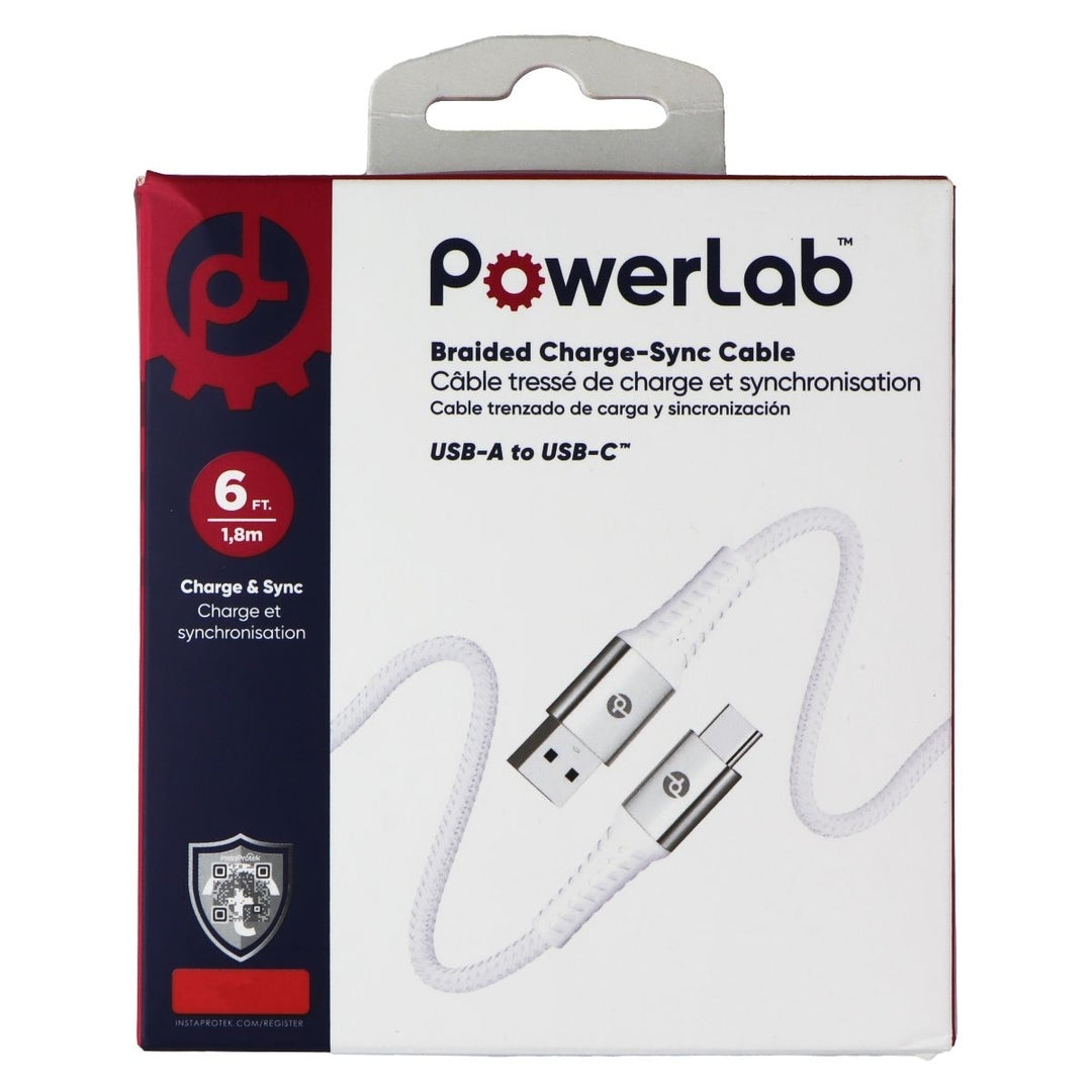 PowerLab USB-A to USB-C Braided Charge-Sync Cable 6FT White Image 1