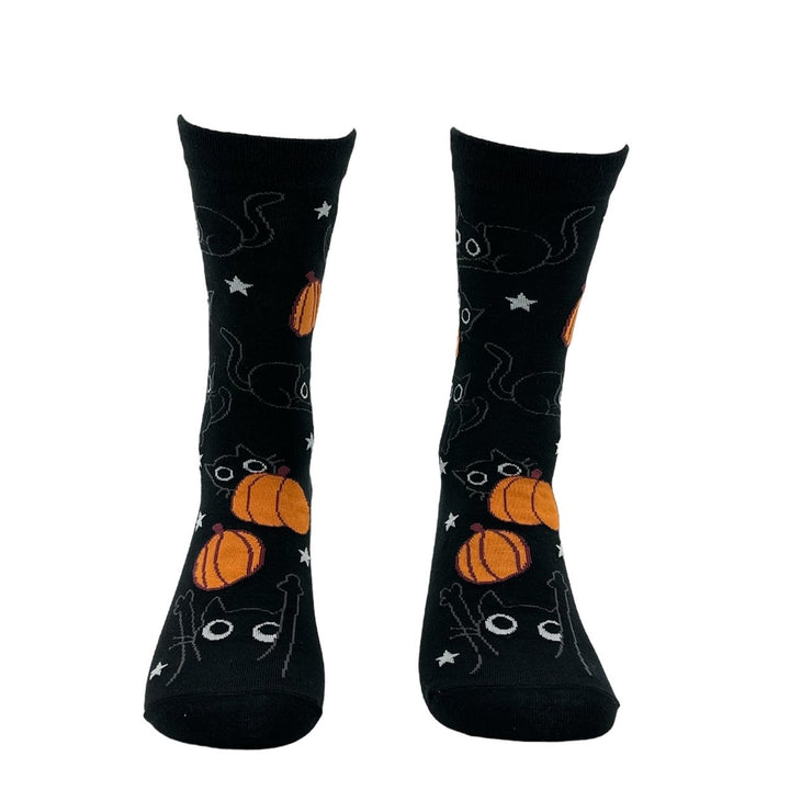 Womens Black Cat Pumpkin Socks Funny Cute Halloween Graphic Footwear Image 4