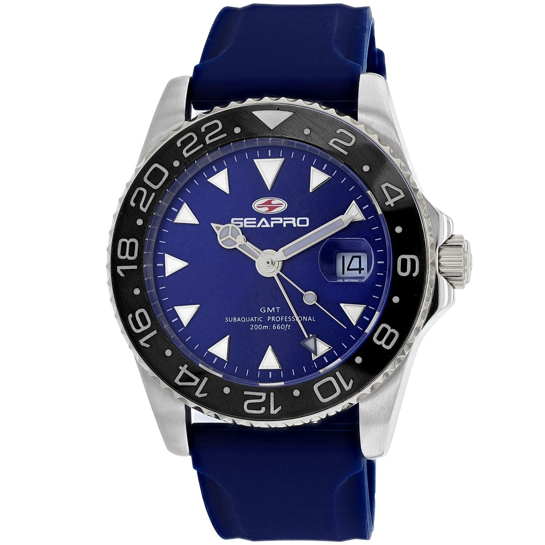 Seapro Mens Blue Dial Stainless Steel Quartz Watch SP0125 Rubber Strap Water Resistant Image 1