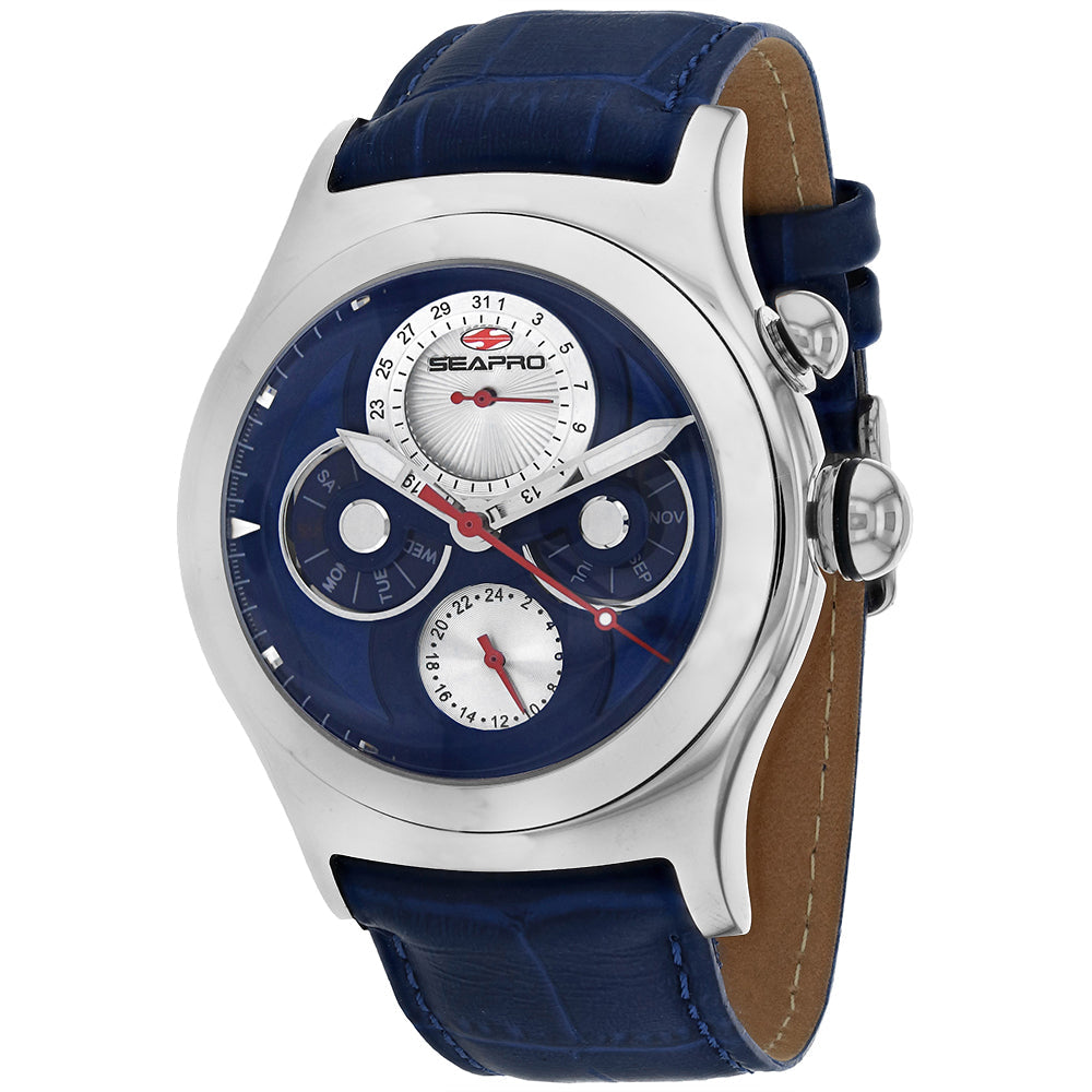 Seapro Mens Chronoscope Blue Dial Quartz Watch SP0132 Stainless Steel Leather Strap Image 1