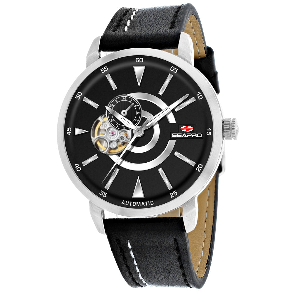 Seapro Mens Automatic Black Dial Watch SP0140 Stainless Steel Leather Strap Image 1