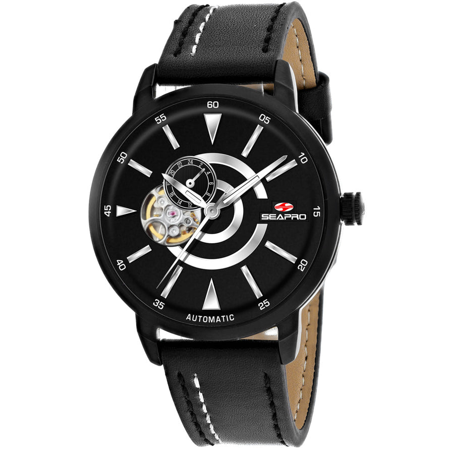 Seapro SP0142 Mens Black Dial Automatic Watch Stainless Steel Leather Strap 50m Image 1