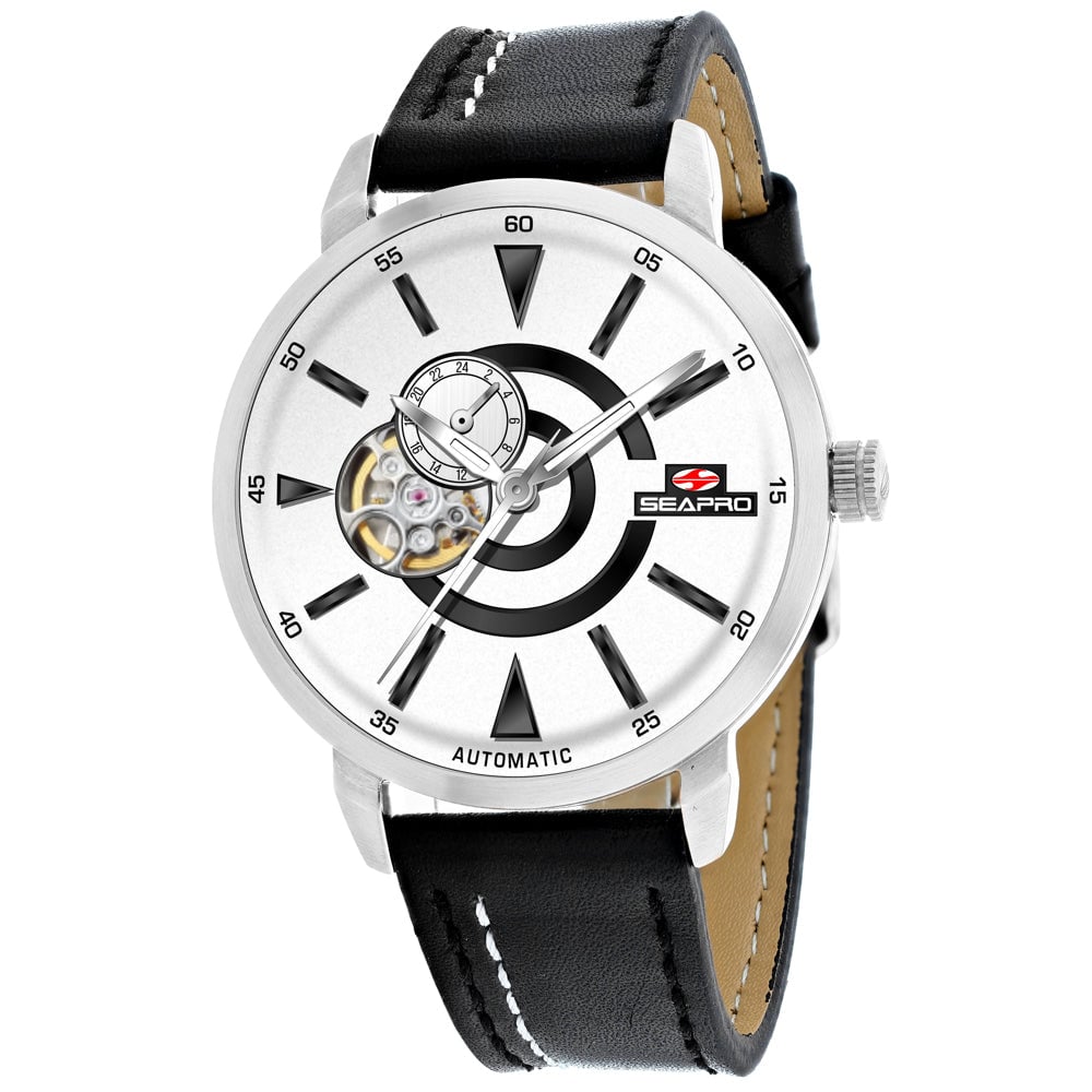 Seapro Mens Automatic Elliptic White Dial Watch SP0141 Leather Strap Stainless Steel Image 1