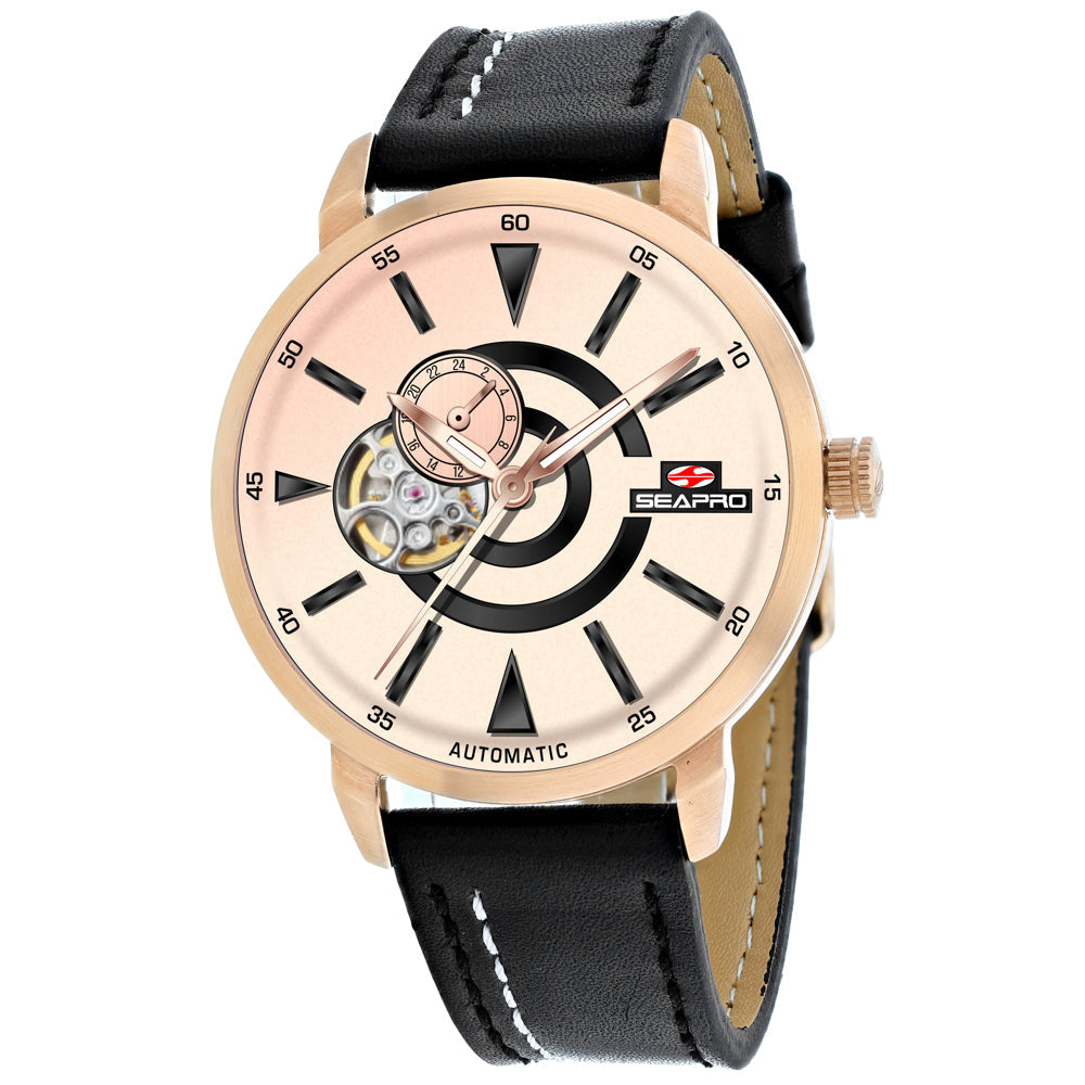 Seapro Mens Automatic Watch Rose Gold Dial Stainless Steel Leather Strap SP0144 Image 1