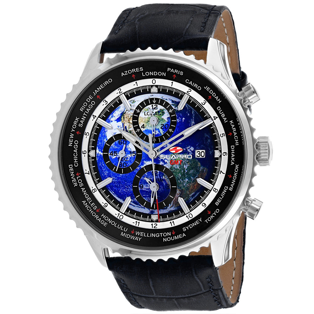 Seapro Mens Meridian World Timer GMT Blue Dial Watch SP7130 Stainless Steel Leather Image 1