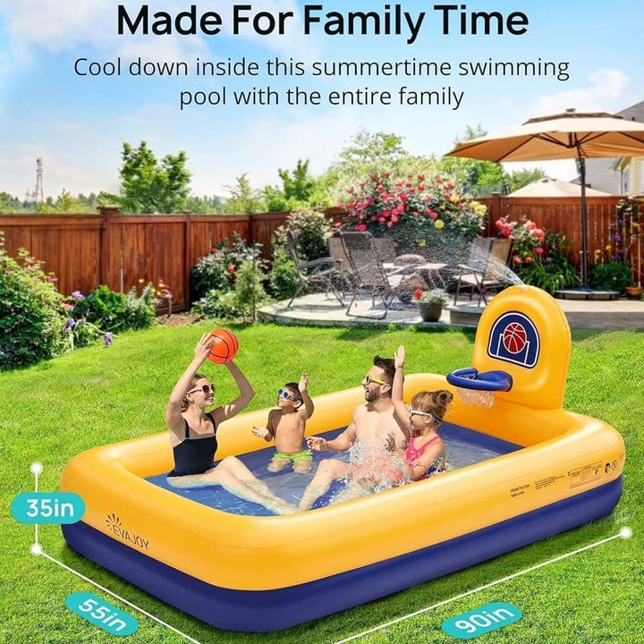 Evajoy Inflatable Kiddie Pool 90x55x35 Inch Basketball Hoop Durable PVC Backyard Image 2