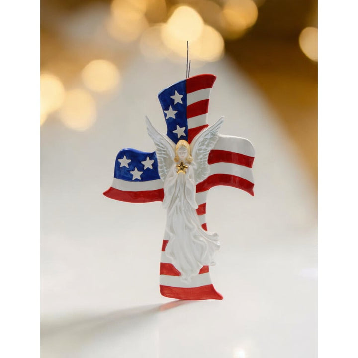 Ceramic Angel American Flag Cross 11in Patriotic Religious Gift Image 1