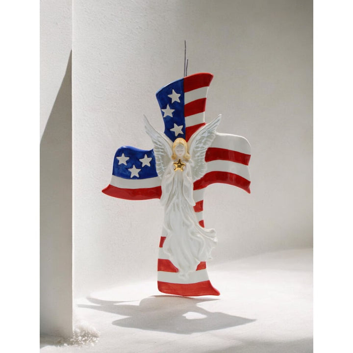 Ceramic Angel American Flag Cross 11in Patriotic Religious Gift Image 2