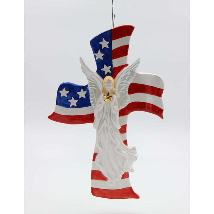 Ceramic Angel American Flag Cross 11in Patriotic Religious Gift Image 3