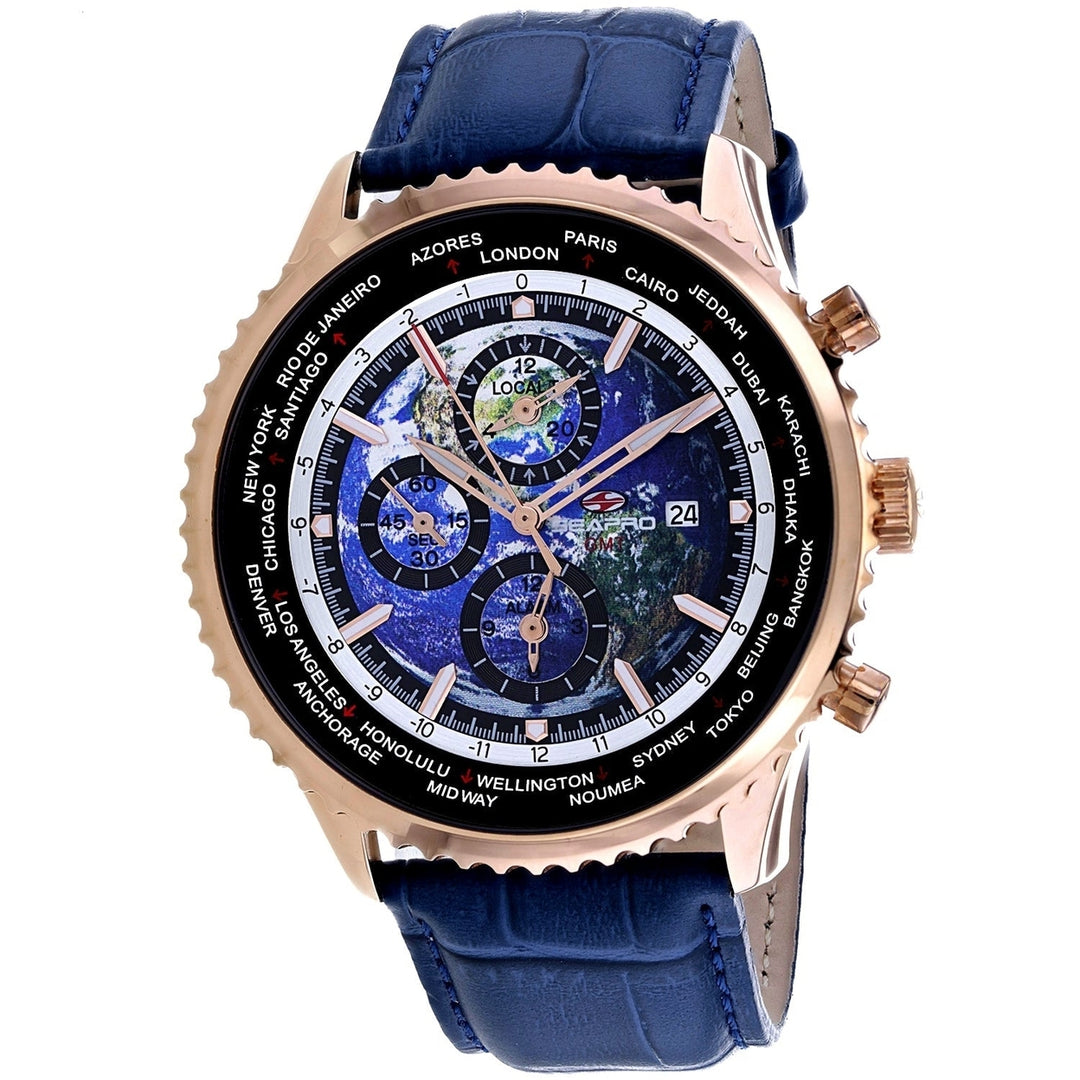 Seapro Meridian World Timer GMT Watch Blue Dial Leather Strap SP7135 100m Water Resistant Image 1