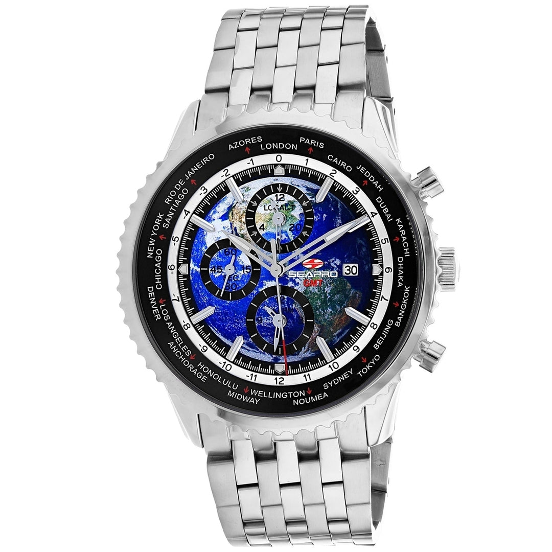 Seapro Meridian World Timer GMT Blue Dial Watch SP7320 Stainless Steel Quartz Image 1