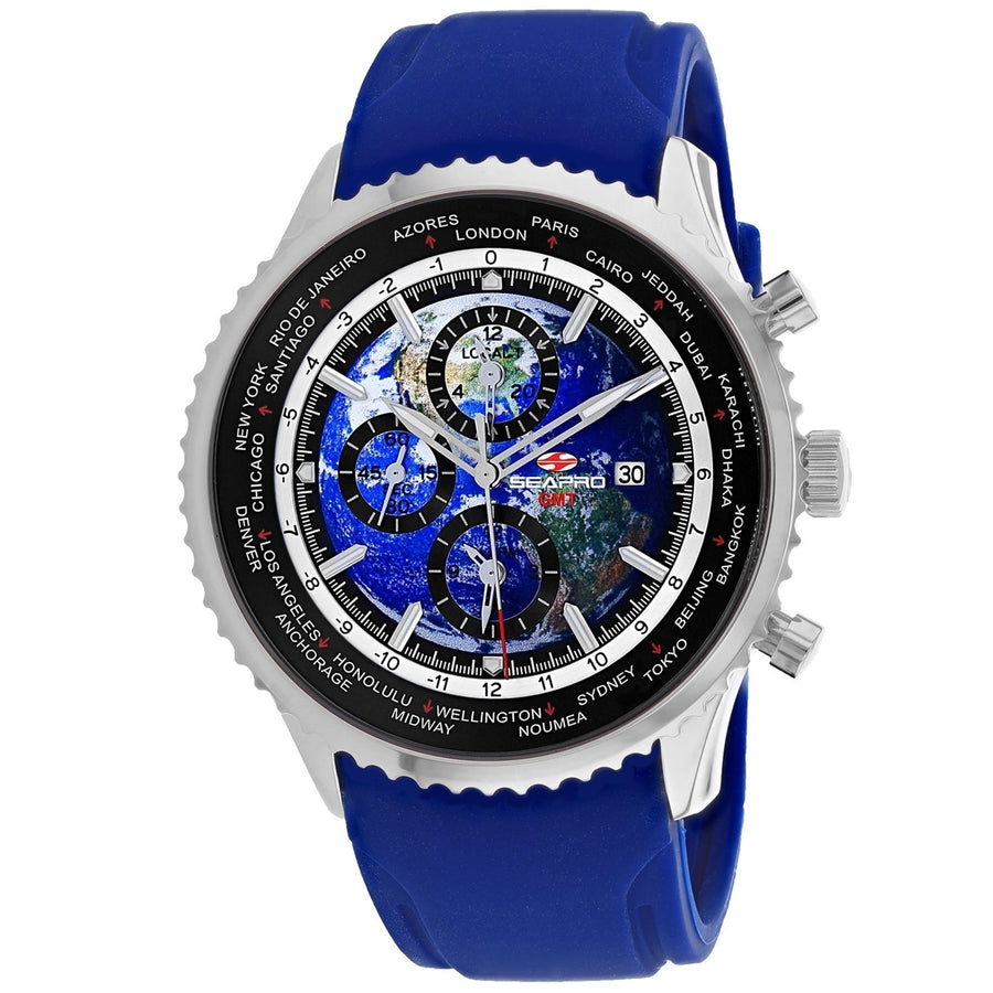 Seapro Meridian GMT Blue Dial Quartz Watch SP7521 Stainless Steel Rubber Strap Image 1