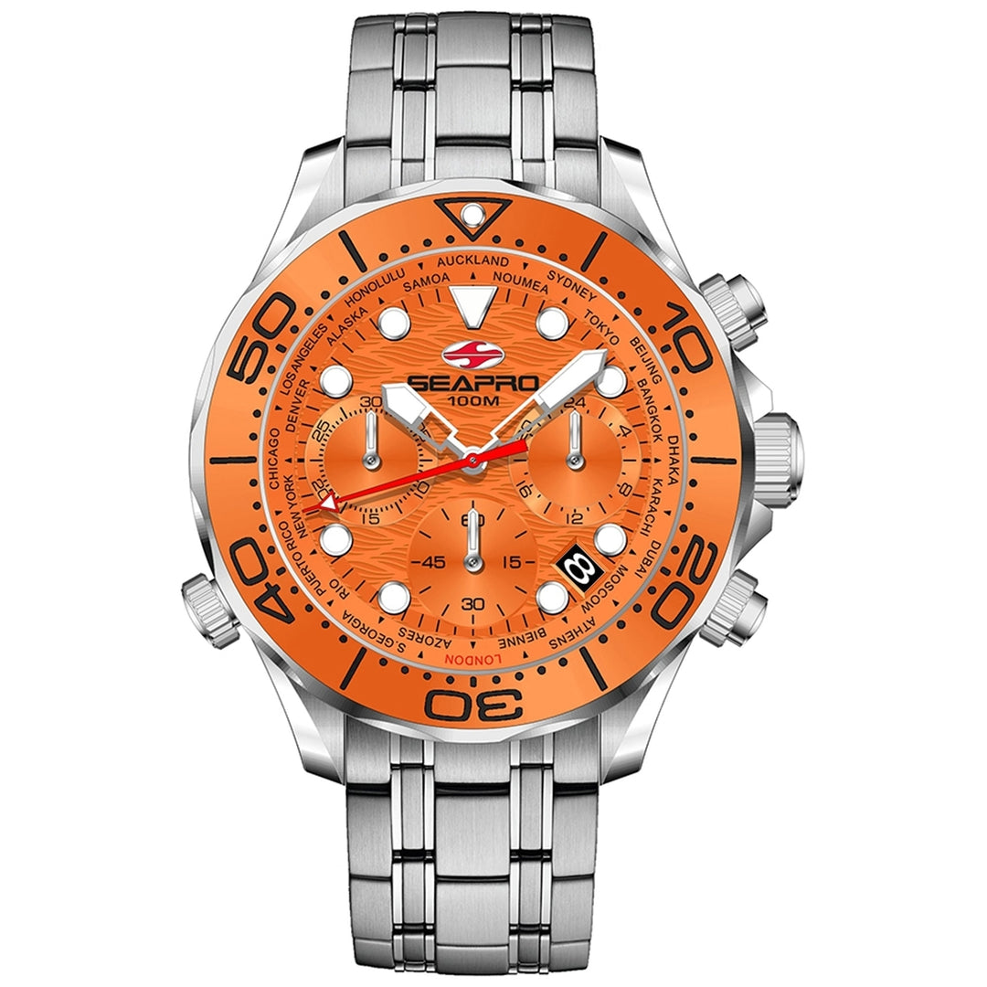 Seapro Mondial Timer Quartz Watch SP0154 Stainless Steel Orange Dial 100M Water Resistant Image 1