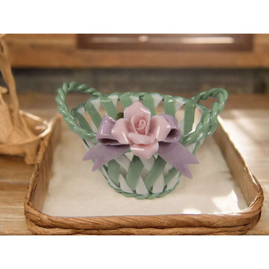 Ceramic Weaved Basket Pink Rose Flower 2 7/8" Mom Image 1