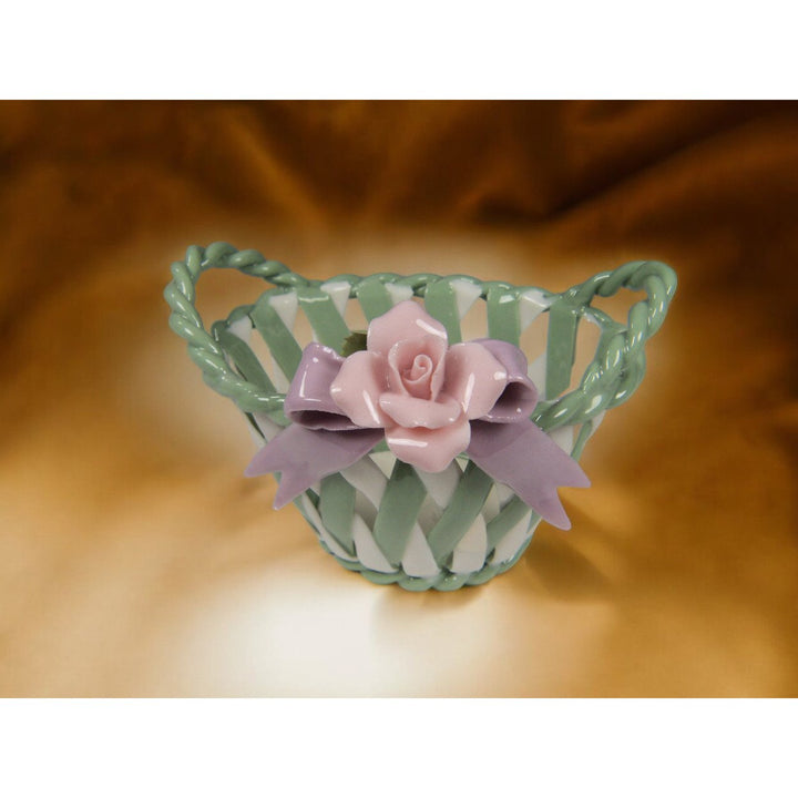 Ceramic Weaved Basket Pink Rose Flower 2 7/8" Mom Image 2