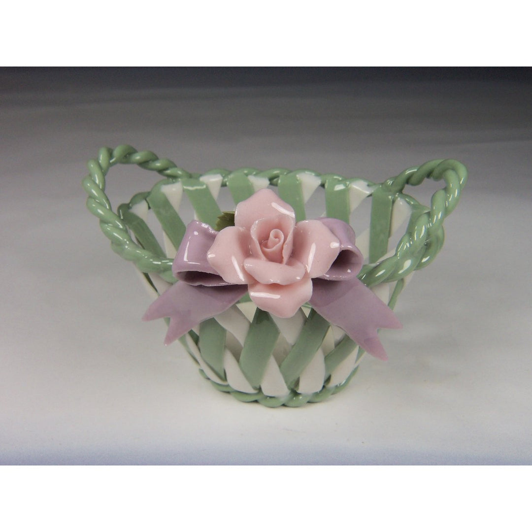 Ceramic Weaved Basket Pink Rose Flower 2 7/8" Mom Image 3