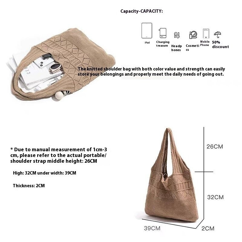 Womens fashionable retro bag holiday gift hollowed out knit design large capacity daily shoulder bag suitable for Image 2