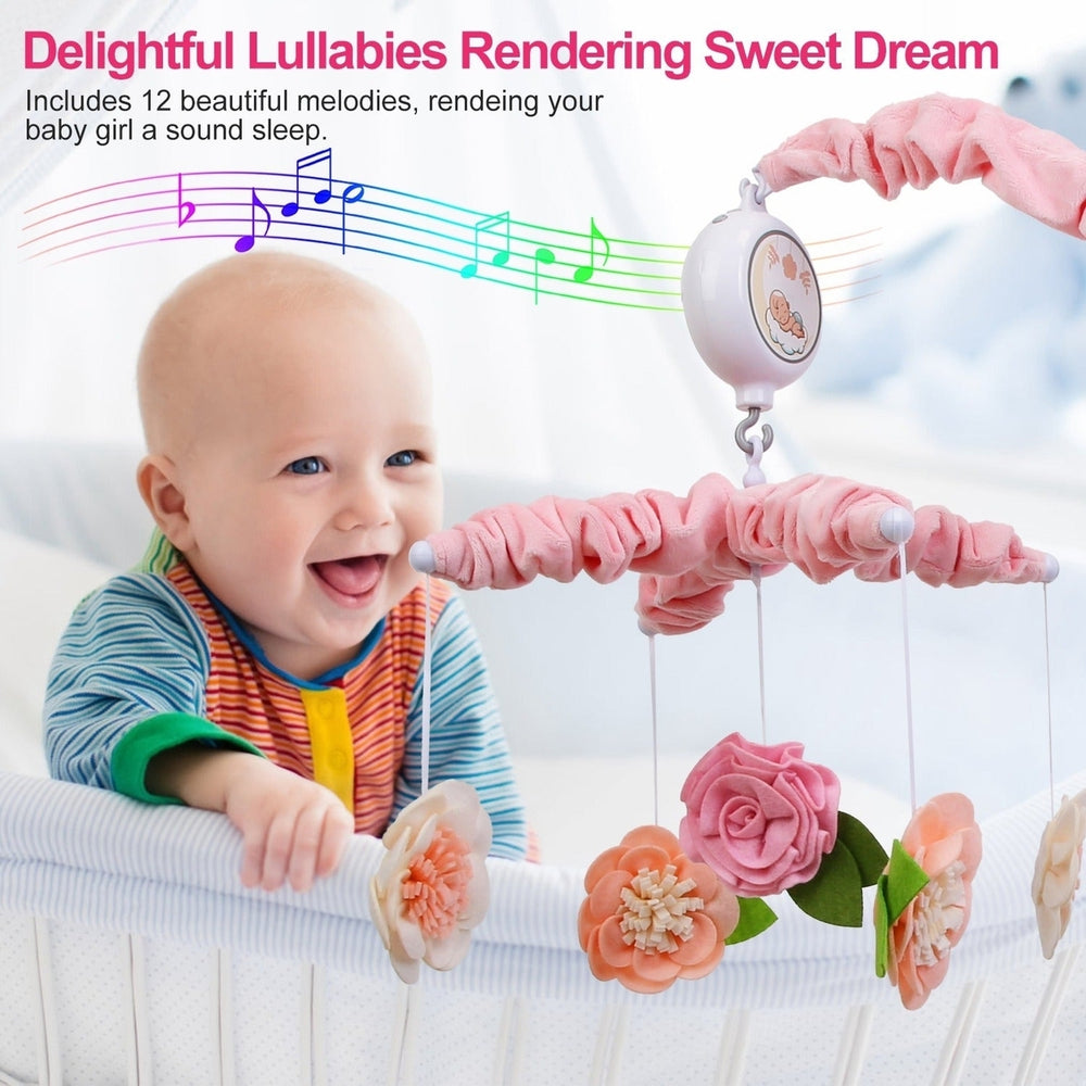 Musical Crib Mobile for Girls Baby Musical Crib Bed Bell Nursery Mobile with 12 Melodies 5 Flower Rattles 3 Modes Volume Image 2