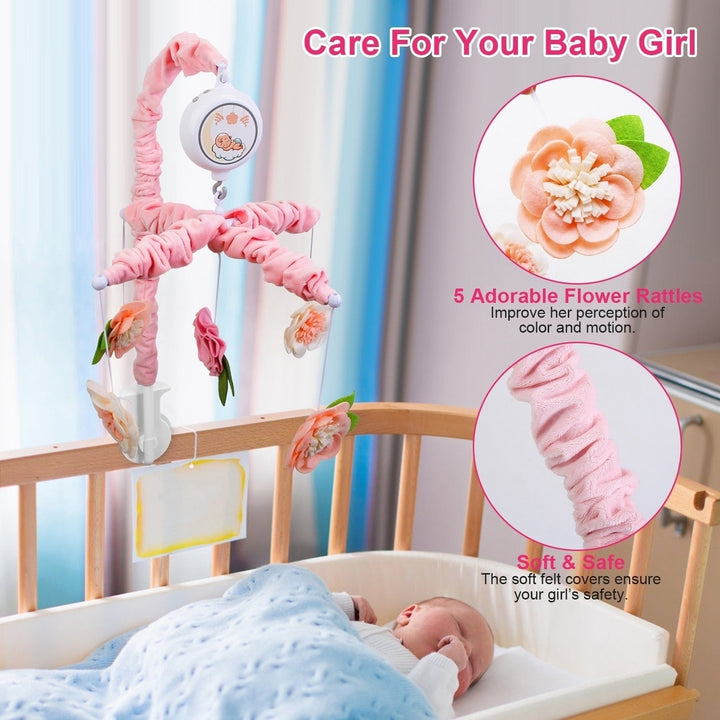 Musical Crib Mobile for Girls Baby Musical Crib Bed Bell Nursery Mobile with 12 Melodies 5 Flower Rattles 3 Modes Volume Image 3