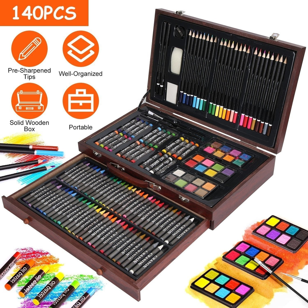 140Pcs Art Supplies With Colored Pencils Oil Pastels Crayons Watercolor Cakes Brushes Sharpener Eraser In Elegant Wooden Image 2