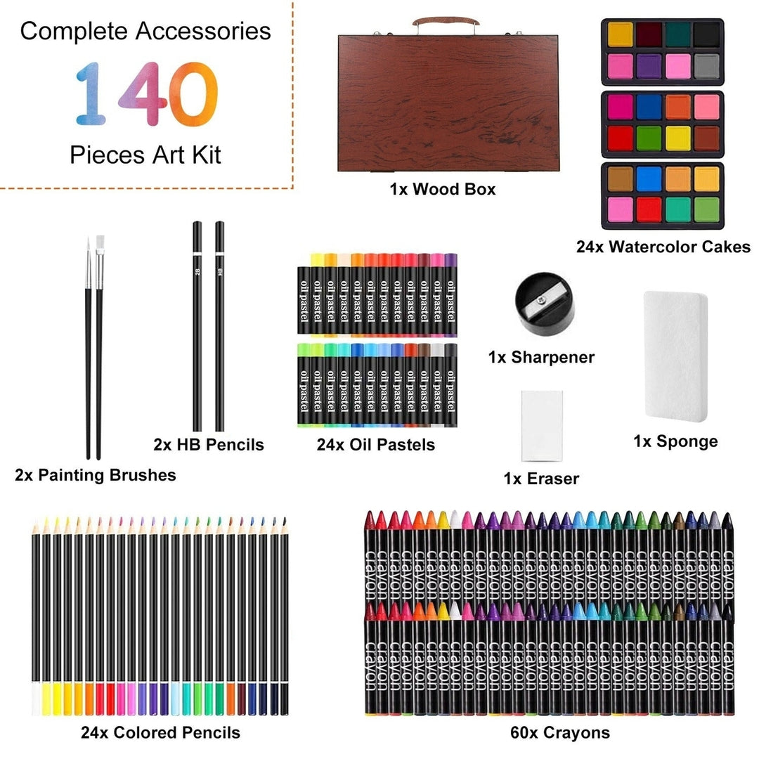 140Pcs Art Supplies With Colored Pencils Oil Pastels Crayons Watercolor Cakes Brushes Sharpener Eraser In Elegant Wooden Image 3