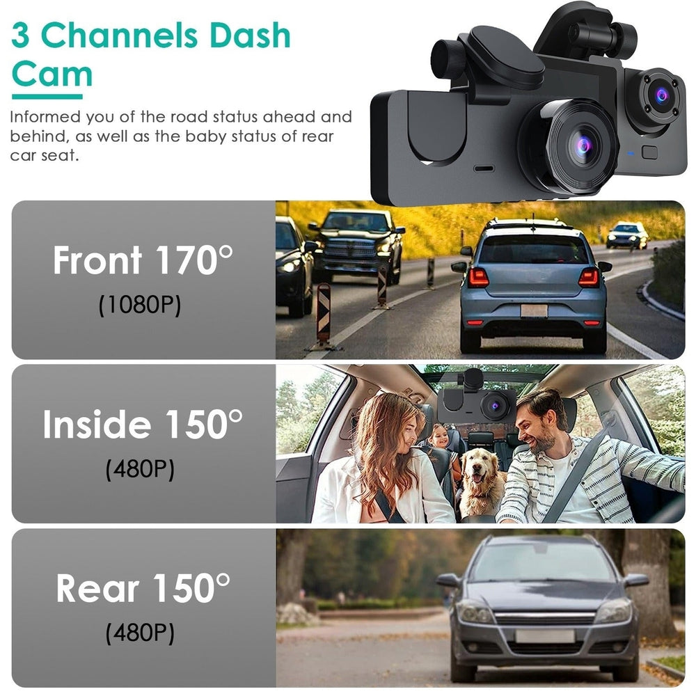 3 Channel Dash Cam Front Inside Rear Vehicle Driving Recorder Car DVR with 32G MMC Card G Sensor Motion Detection Image 2